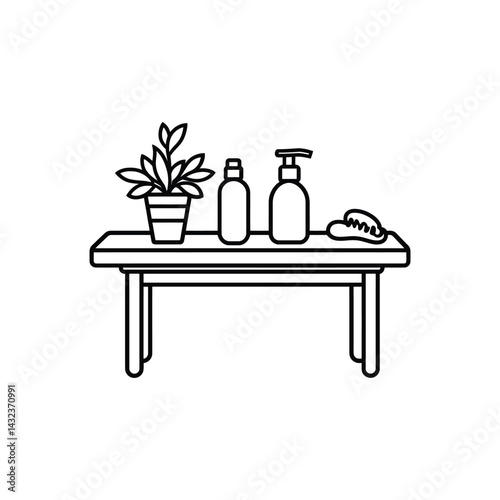 Outline Table with Plant, Bottles, Hairbrush with Transparent Background Design