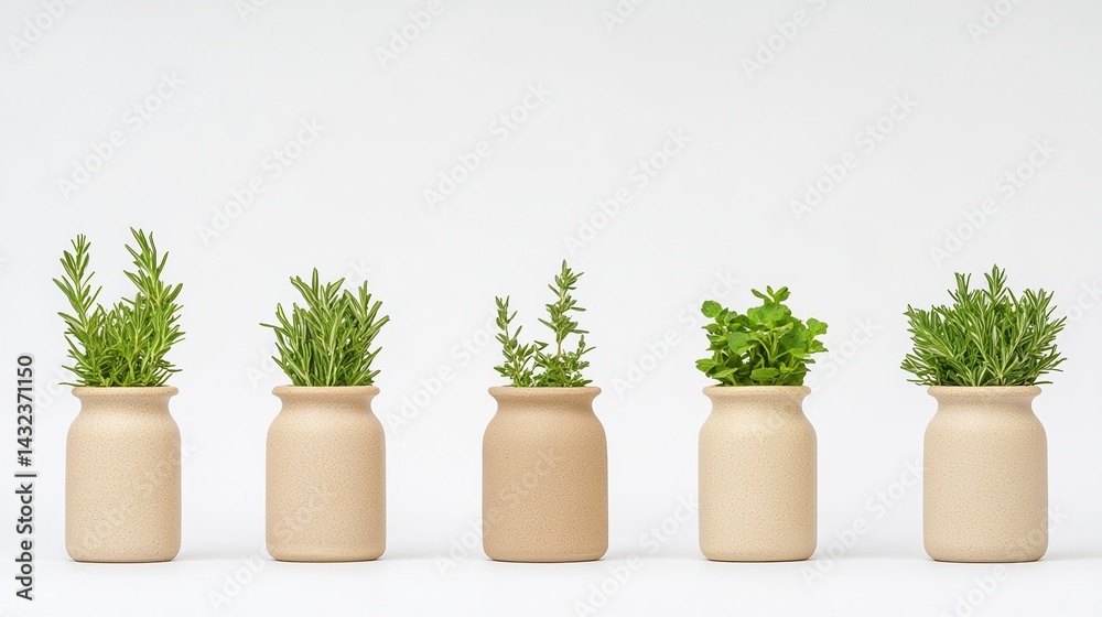Obraz premium A minimalist arrangement of potted herbs in simple beige containers, showcasing a variety of green plants against a clean background.
