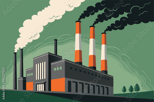 A dystopian factory, shaped like a giant cigarette, billows toxic smoke into a polluted sky, depicting environmental damage from the tobacco industry.