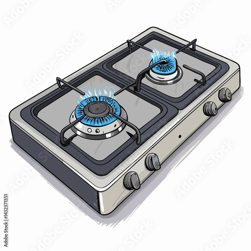 A close-up photograph of a gas stovetop featuring two active burners with vibrant blue flames, showcasing realistic details of the appliance and fire.