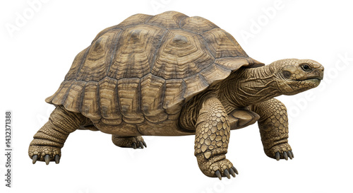 A detailed close up of a large african spurred tortoise with a textured shell on a black background