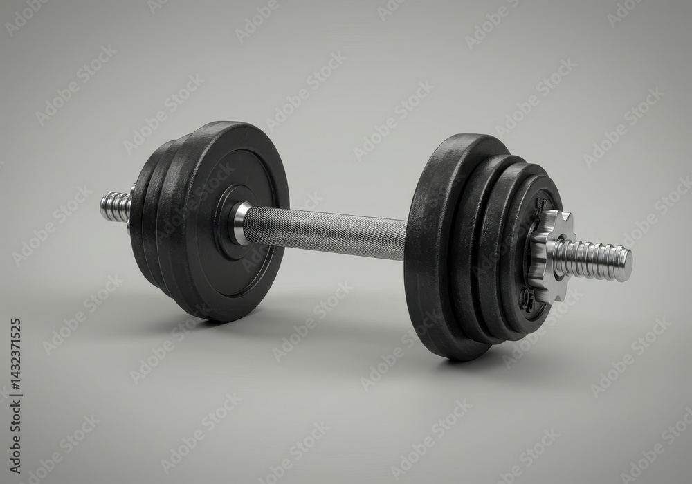 A single dumbbell with black weight plates on a gray background in a studio setting for fitness use A single dumbbell with black weight plates on a gray background in a studio setting for fitness use