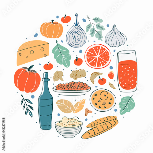 Mediterranean food set. Minimalist hand drawn food and drinks collection. Set of doodles, rough simple Italian cuisine food sketches. Vector illustration