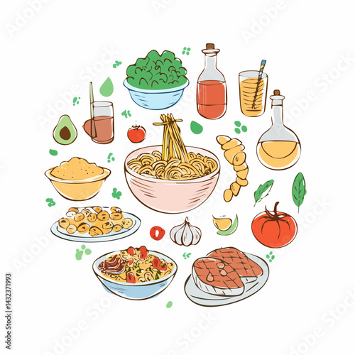 Mediterranean food set. Minimalist hand drawn food and drinks collection. Set of doodles, rough simple Italian cuisine food sketches. Vector illustration