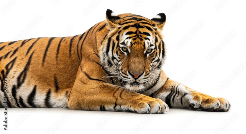 Obraz premium A tiger lying down with its paws outstretched on a white background looking directly at the viewer