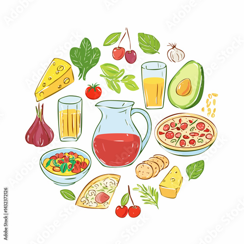 Mediterranean food set. Minimalist hand drawn food and drinks collection. Set of doodles, rough simple Italian cuisine food sketches. Vector illustration