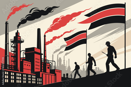 A dramatic silhouette of a factory skyline at sunset, with vibrant national flags fluttering dynamically against the fiery sky.