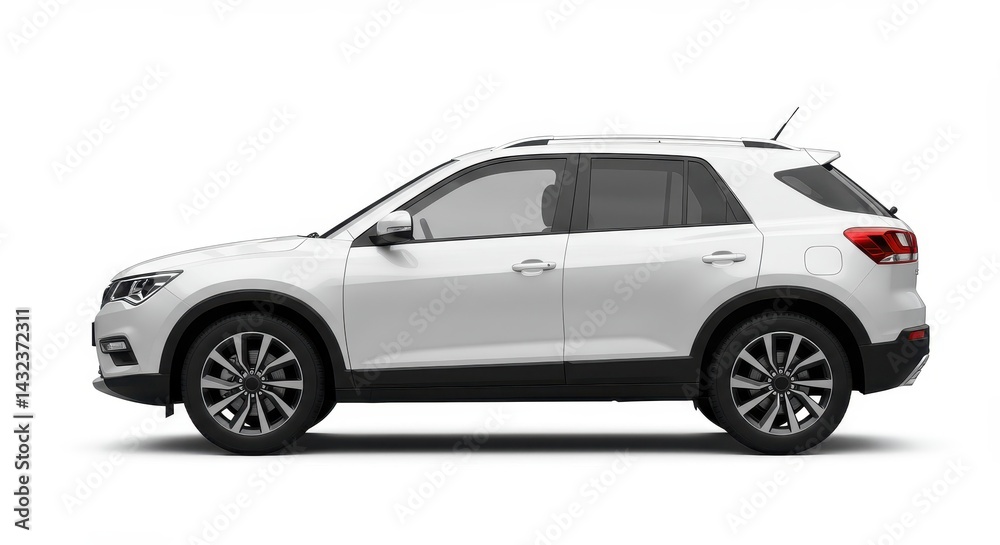 Obraz premium Side view of a white suv car with black trim and wheels on a white background in a studio shot