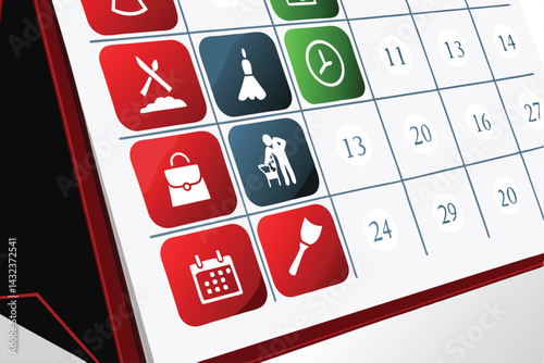 A vibrant family calendar brimming with colorful icons representing diverse household chores.  Illustrative style, showing playful design and effective organization.