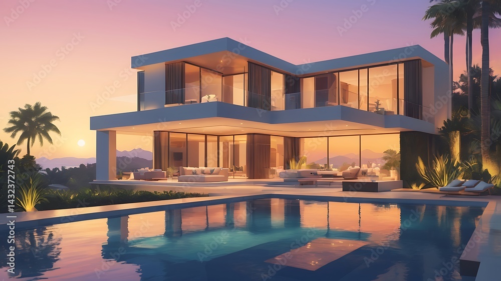Luxurious modern villa with an infinity pool, sunset lighting, and artistic landscaping, vector art Luxurious modern villa with an infinity pool, sunset lighting, and artistic landscaping, vector art