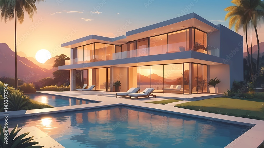 Fototapeta premium Luxurious modern villa with an infinity pool, sunset lighting, and artistic landscaping, vector art