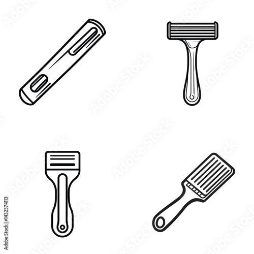 Razor Icons Set Vector Outlines, Shaving Tool with Multiple Blades, Barber Supplies