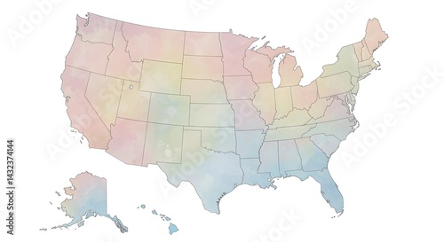 USA Map Watercolor Pastel Colored