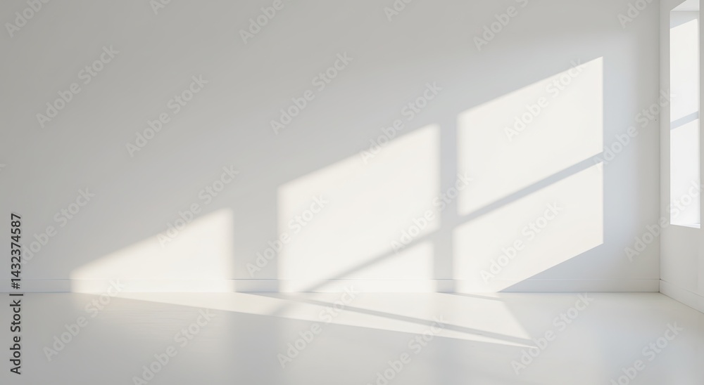 Obraz premium Soft sunlight casting geometric shadows, minimalist indoor space with bright white walls and smooth floor, ideal for serene ambiance.use for mockup