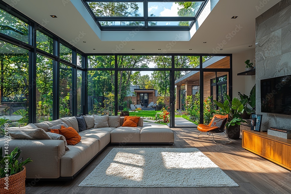 Fototapeta premium Modern family room with large skylight, glass bays overlooking the garden, cozy sofa and armchair, white rug, and daylight-filled atmosphere.