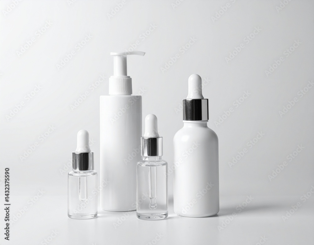 Cosmetic dermatology tools on a clean surface: creams, lotions, and serum bottles Cosmetic dermatology tools on a clean surface: creams, lotions, and serum bottles