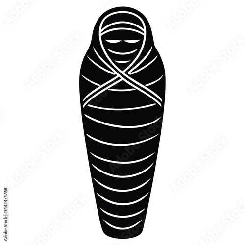 Sleeping Bag and Mat vector silhouette illustration Mummy-style sleeping bag with hood strings in monochrome modern design