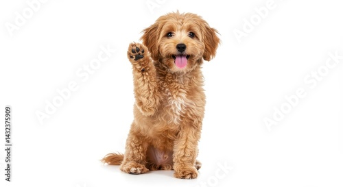 A golden doodle puppy sitting and raising its paw on a white background in a studio setting looking happy