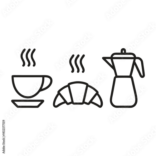 Coffee, Croissant, and Moka Pot Breakfast Icon Set