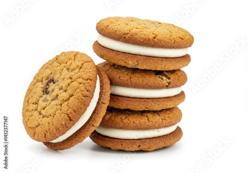 A stack of round oatmeal raisin cookies with white cream filling on a white background close up view