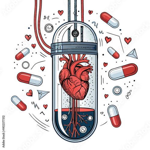 Render a glitching, cyberpunk-style image of a heart contained within a transparent capsule, with exposed wires emanating from it.