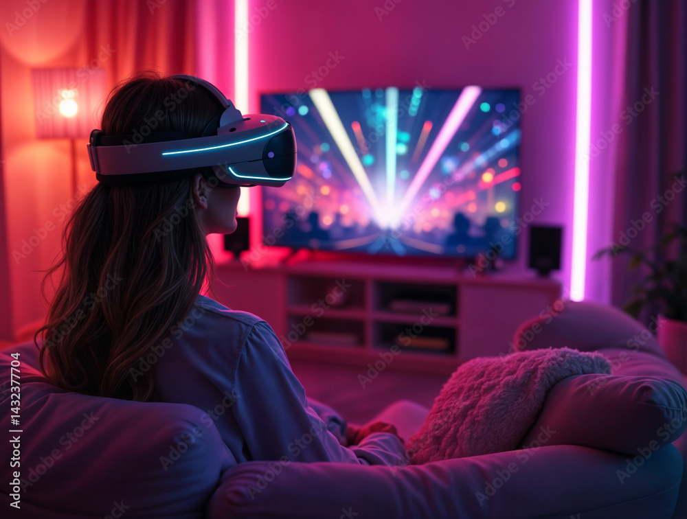 The image shows a person sitting on a couch in a dimly lit room with neon lights