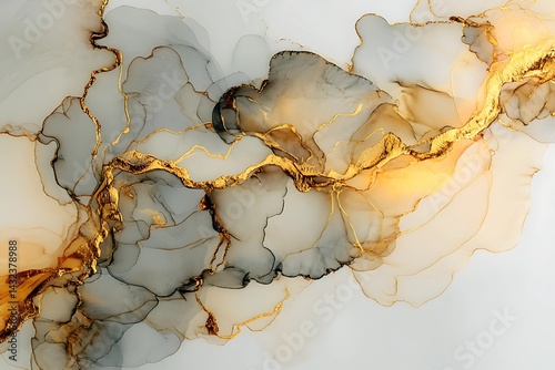 Gold luxury ink and watercolor textures on white paper background. Paint leaks and ombre effects. Textured gold abstract painting. Luxurious golden abstract art. Abstract gold art. Dripping gold paint