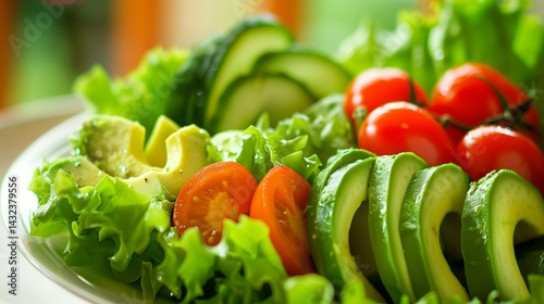 Fresh healthy salad bowl with mixed greens, ripe cherry tomatoes and sliced avocado on marble surface, top view with copy space. Nutritious food concept for diet, vegan lifestyle and clean