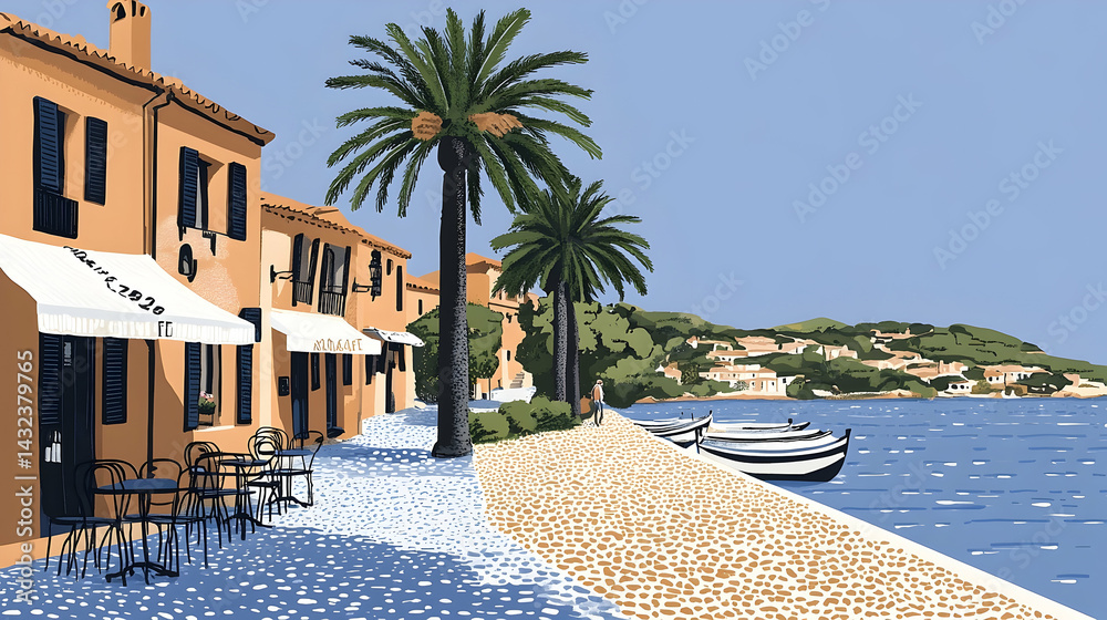 Fototapeta premium Pastel-toned illustration of a charming seaside village cafe.