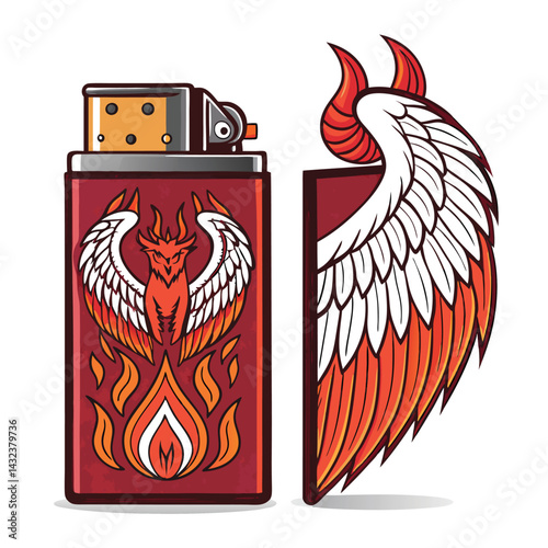 Surreal digital painting of a lighter with angelic wings and devilish horns, holding a single match.  Focus on intricate details and contrasting imagery.