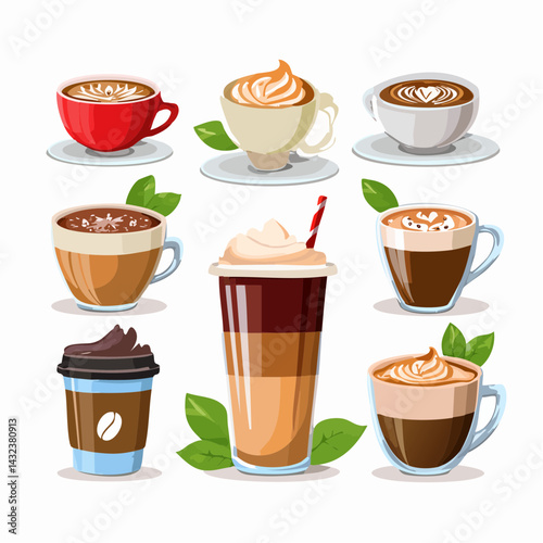 Assorted coffee beverages illustration, vector element set