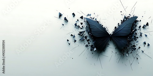 Dark butterfly with shattered wings on white surface, illustrating transformation, in studio for design
