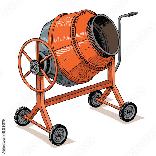 Detailed close-up of an antique manual cement mixer, showcasing its turning handle, rotating drum, and overall worn texture.  Highlight the mechanism's simplicity.