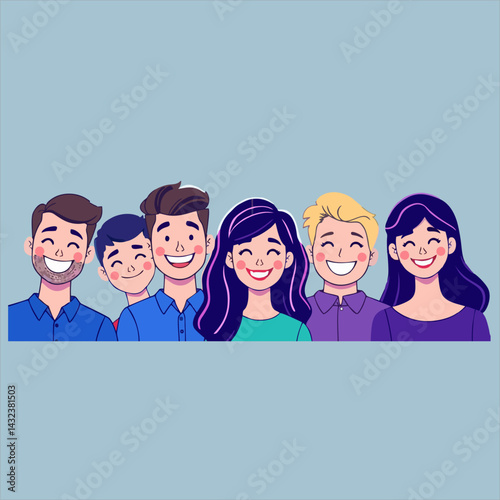  Flat vector cartoon illustration, featuring happy men and women