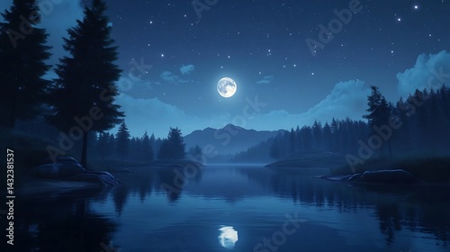 Serene Moonlit Lake: Nighttime Forest Reflection
