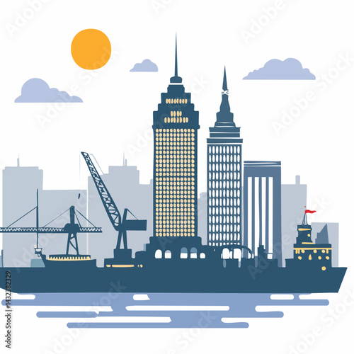Vector Silhouette of Major Shipping Port in Urban American City