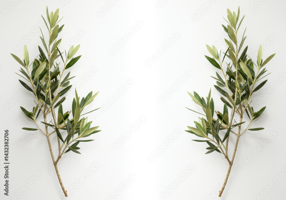 Naklejka premium Two olive branches with green leaves symmetrically placed on a white background creating a simple design