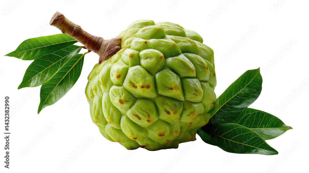 Obraz premium Exotic Custard Apple: A close-up shot of a fresh, ripe custard apple, showcasing its unique textured surface and vibrant green leaves, evoking a sense of tropical indulgence.