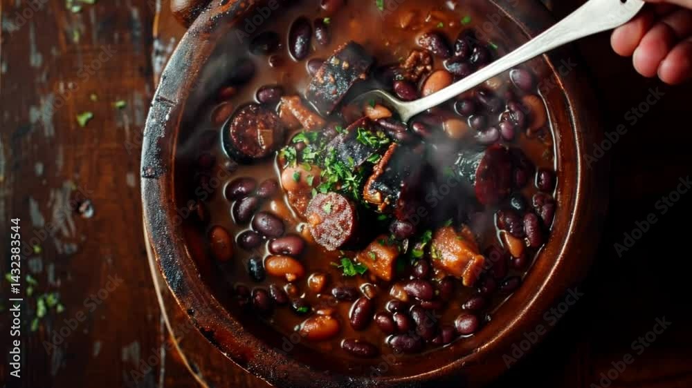 Feijoada seen from above in rustic bowl, camera pans slowly from right to left. Steam rises. 4K.
