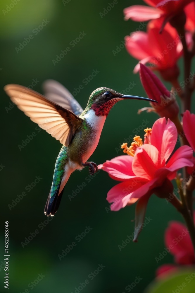 Fototapeta premium Hummingbird feeding, blurred wings, intense red bloom, macro, swift