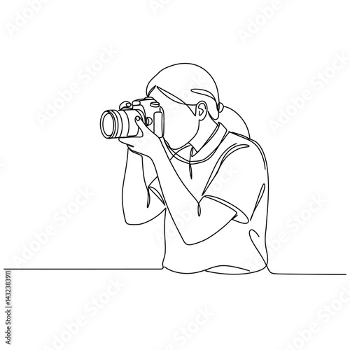 Single line drawing of a woman taking a photograph with a camera in a minimalist style illustration