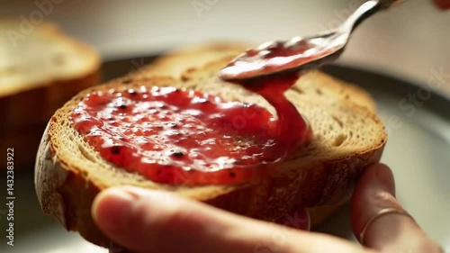 A Close-Up View of a Person Spreading Strawberry Jam on Whole Grain Bread with a Spoon, Captured in a Cozy Kitchen Setting