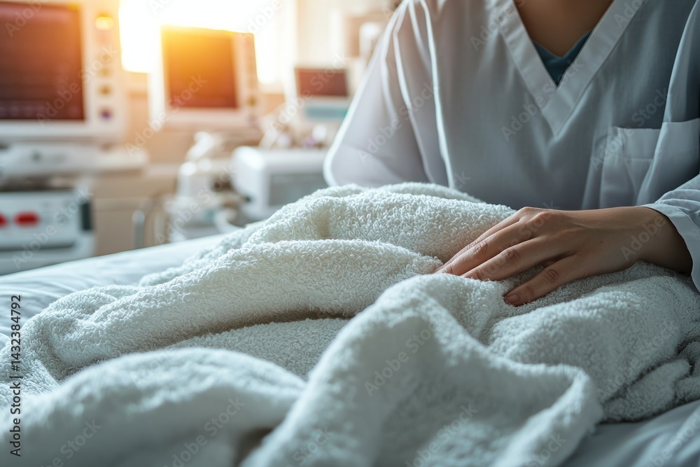 A hospital corner with monitors and clean sheets. A nurse adjusts the blanket while comforting the patient. The mood is warm and gentle