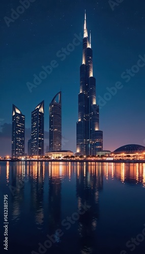 Illuminated Doha towers mirrored in gulf waters, dhow silhouette against starry backdrop , modern, water