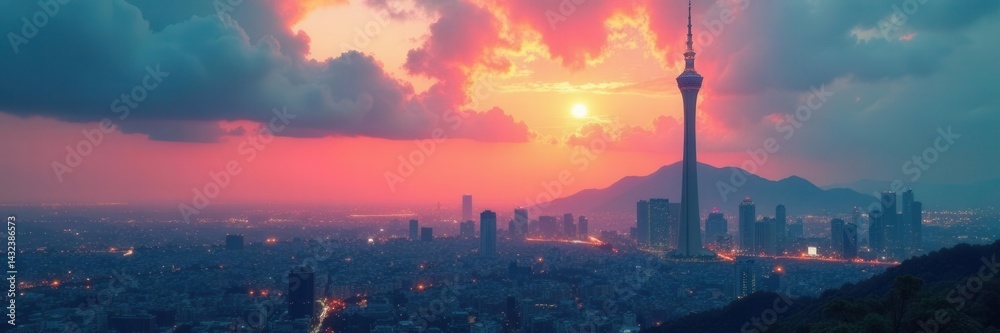Fototapeta premium Imposing tower looms over distant urban sprawl, urban, real estate
