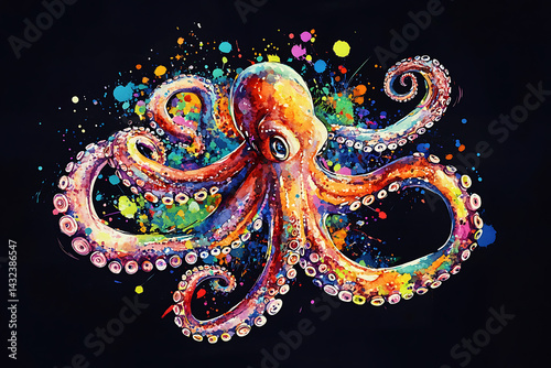 Colorful watercolor octopus with vibrant splashes on a dark background, showcasing marine beauty photo