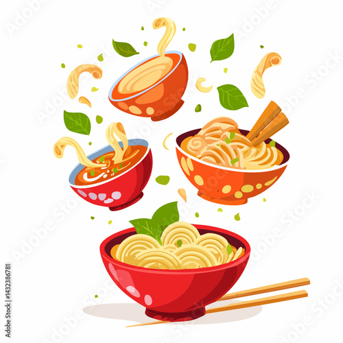 Flying cartoon Asian food set. Falling bowls with hot noodles and soup