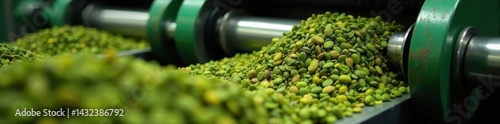Industrial tea processing machine with tea buds flowing through rollers , gears, industry
