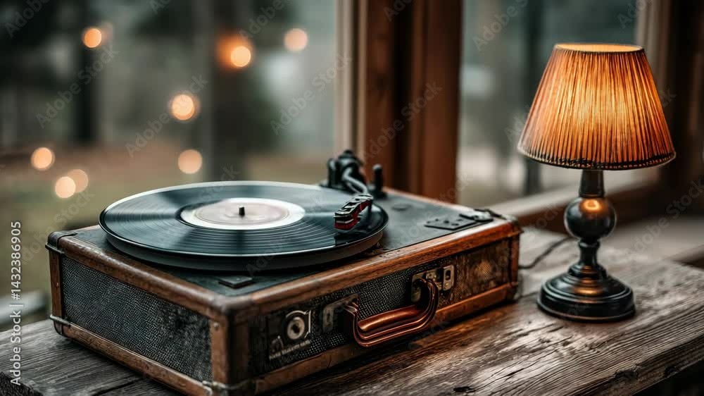 Vintage record player with vinyl record and lamp on wooden sill near a window, music and cozy atmosphere concept
