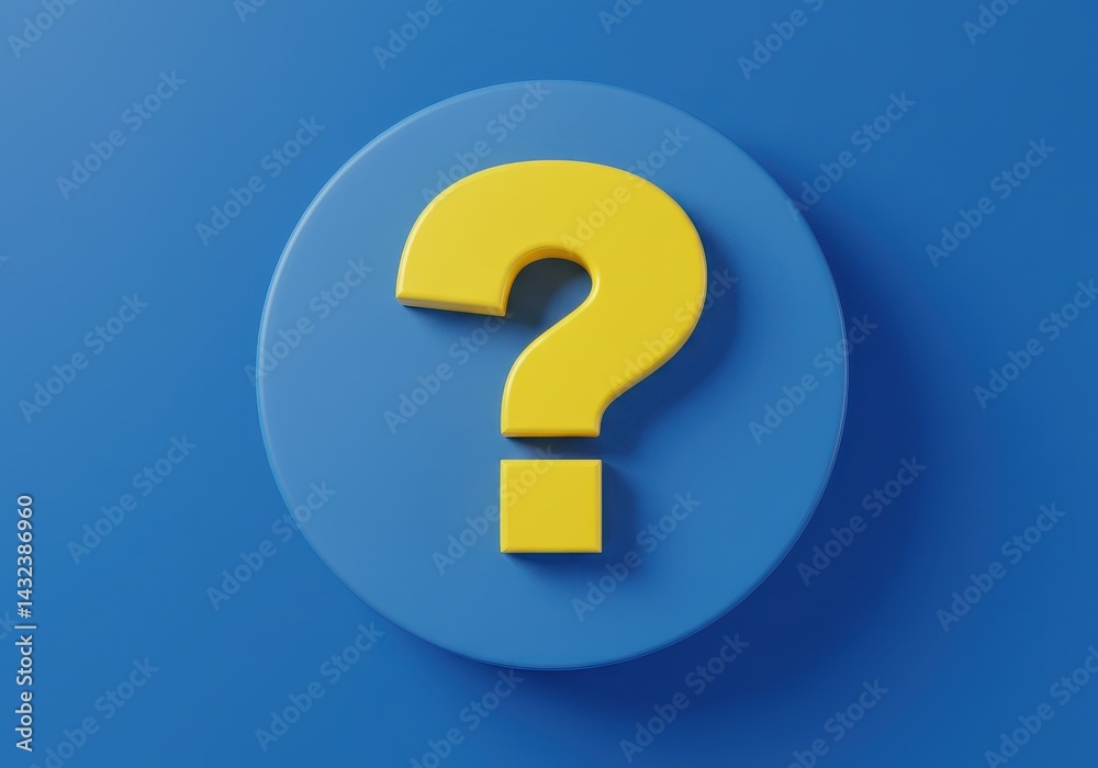 A yellow question mark on a blue circular background in a close up studio shot with soft lighting A yellow question mark on a blue circular background in a close up studio shot with soft lighting